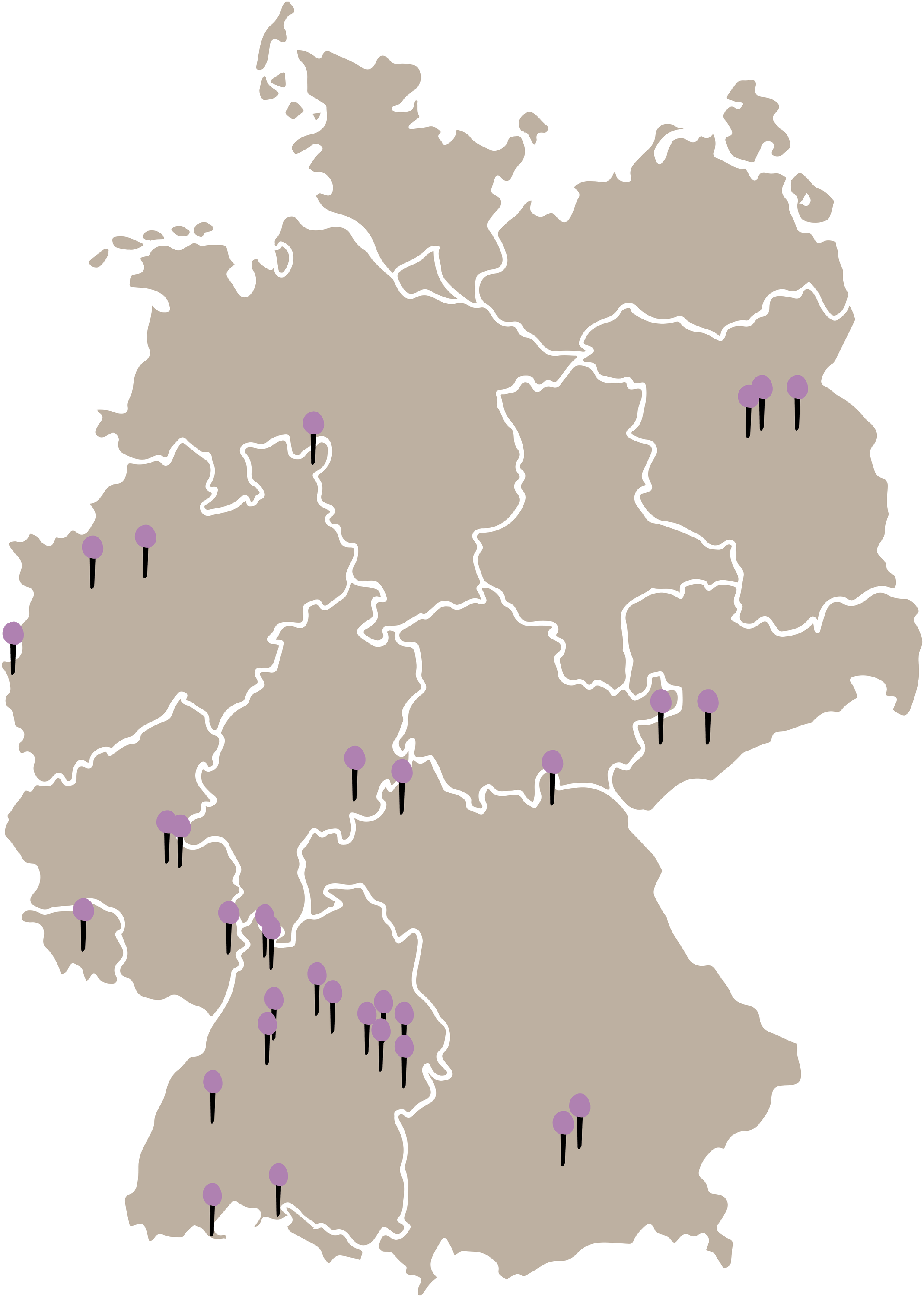 Eine Karte von Deutschland mit violetten Stecknadeln, die Orte in verschiedenen Regionen des Landes markieren.