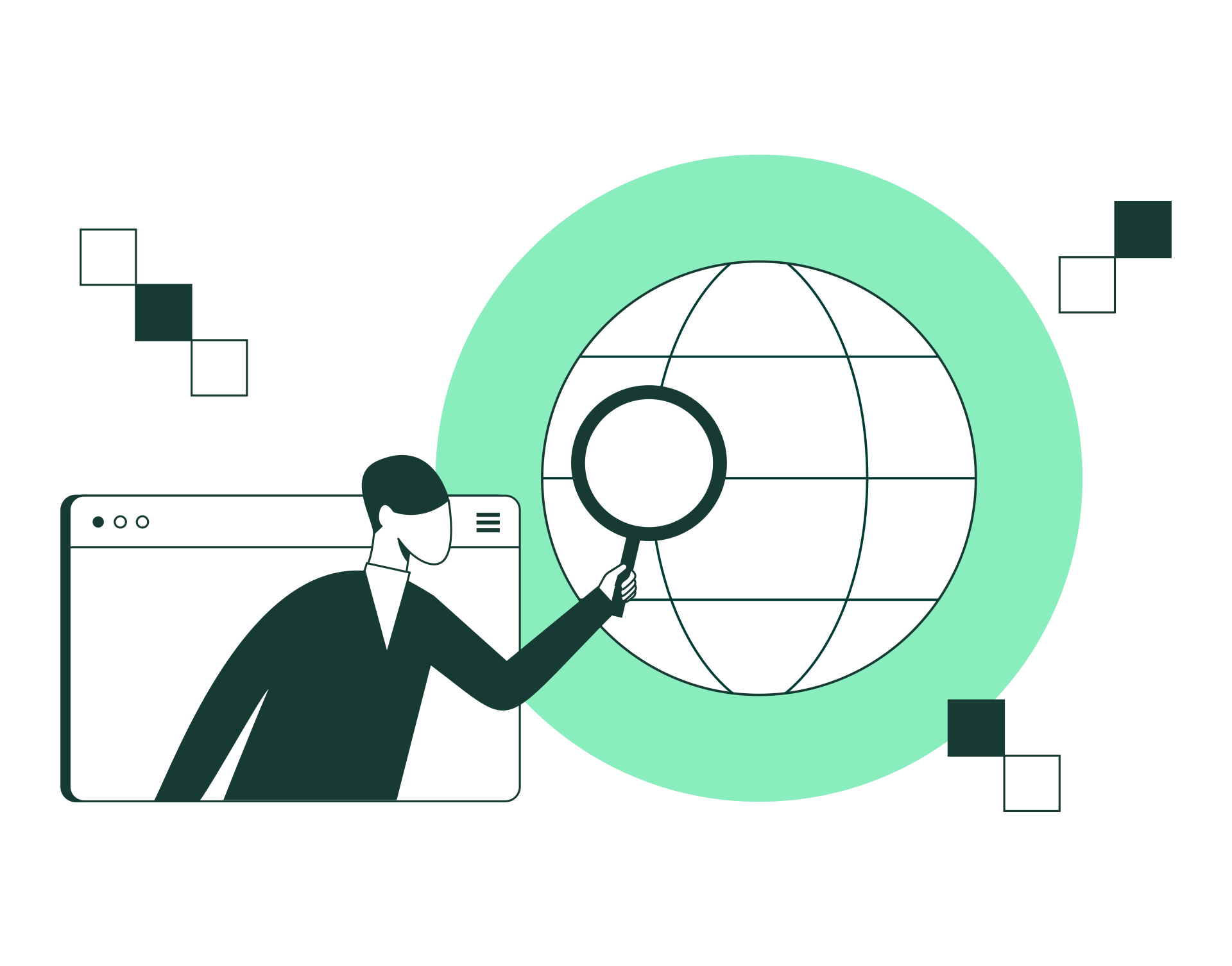 Illustration of a person with a magnifier glass hovering over planet earth