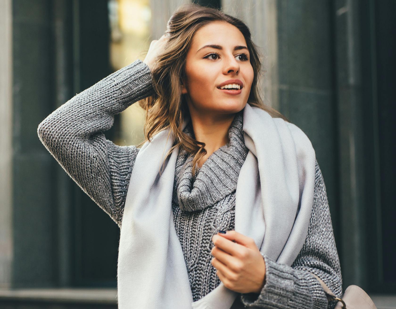 Woman with Grey Sweater and Scarf