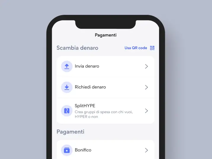 Schermata pagamenti HYPE con funzioni di invio, richiesta e divisione spes