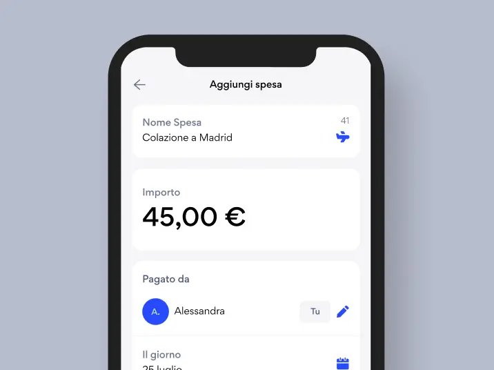 schermata app della funzionalità splithype per aggiungere importo spesa