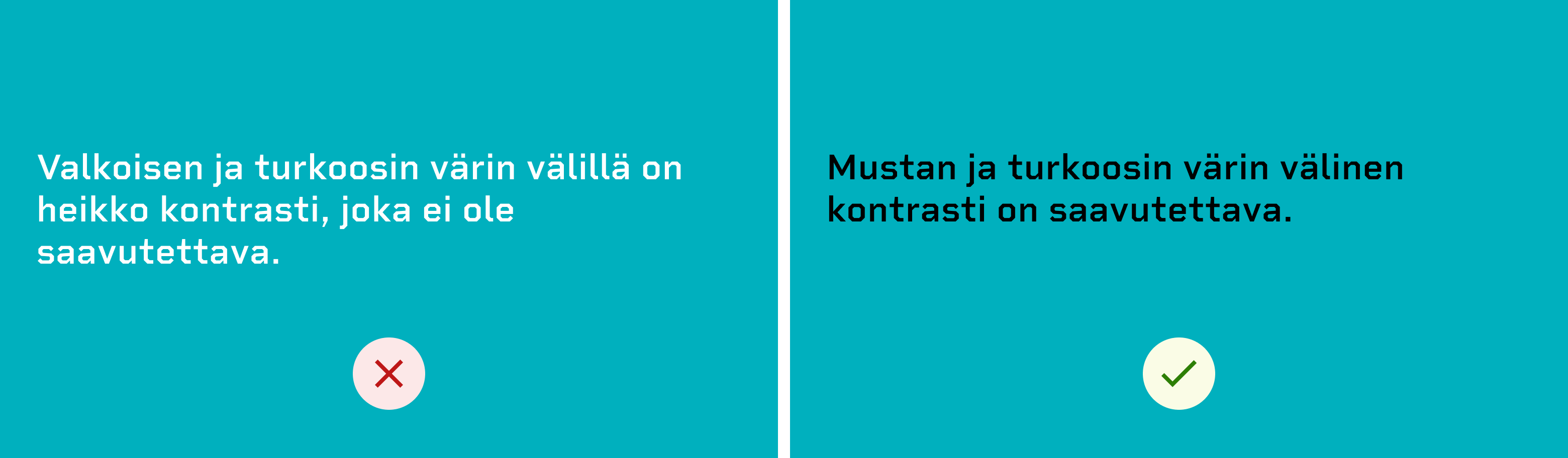 Havainnekuva, jossa osoitetaan saavutettavan ja ei-saavutettavan väriyhdistelmän ero. Esimerkiksi musta teksti turkoosilla pohjalla on saavutettava valkoisen tekstin sijaan.