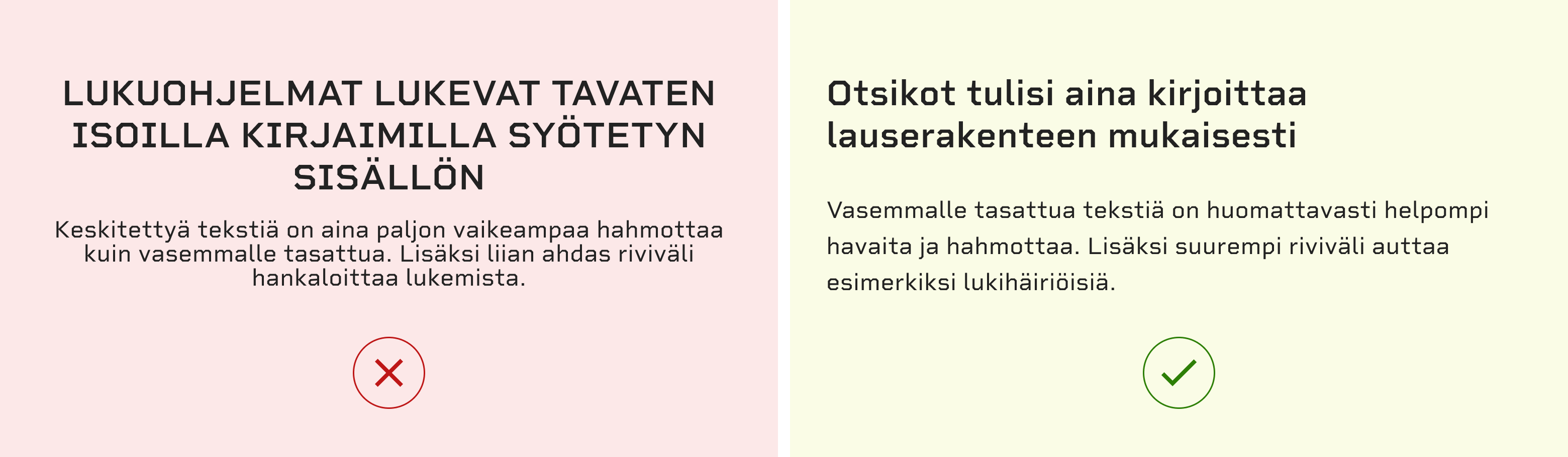 Havainnekuva tekstin asettelun vaikutuksesta luettavuuteen. Esimerkiksi vasemalle tasattua tekstiä on helpompi lukea kuin keskitettyä tekstiä.