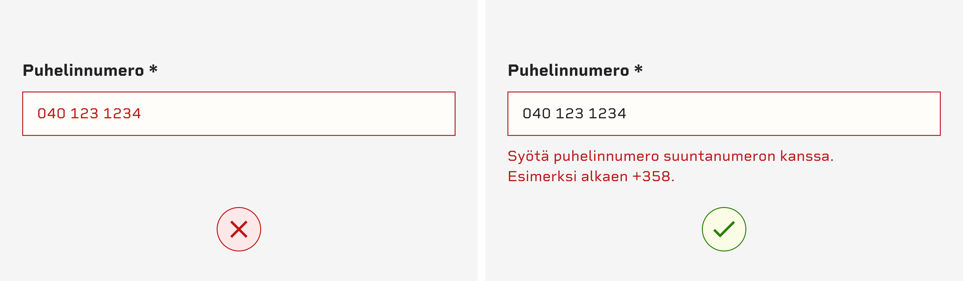 Havainnekuva saavutettavasta virheviestistä lomakkeessa. Väriä ei saa koskaan käyttää ainoana indikaattorina virheestä, vaan sen sijaan tulee lisätä esimerkiksi teksti, joka kertoo kuinka virhe voidaan korjata.