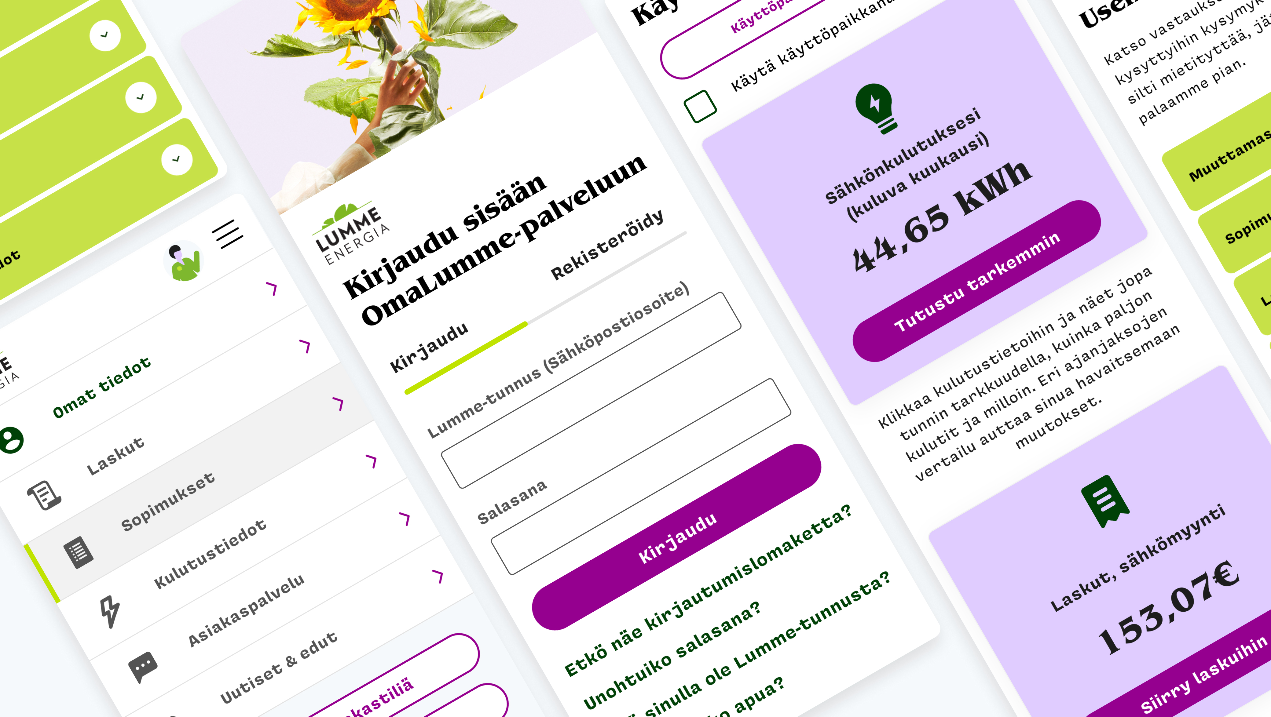 Useita mobiilinäkymiä OmaLumme-asiakasportaalista