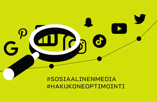 Kuvituskuva, jossa suurennuslasi ja someikoneita.