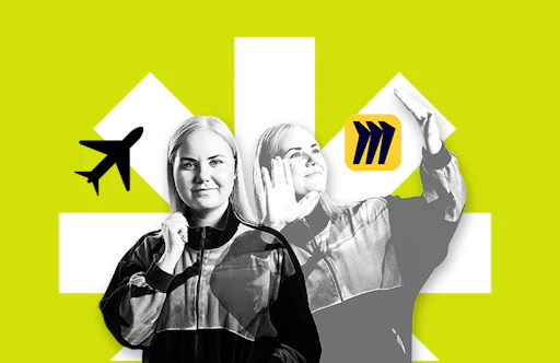 Emilia Pertun henkilökuva sekä Miro-ikoni ja lentokone-ikoni