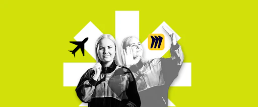 Emilia Pertun henkilökuva sekä Miro-ikoni ja lentokone-ikoni