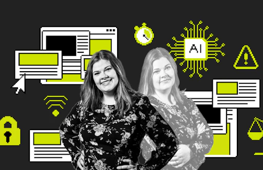 Kuvituskuva pikseligrafiikalla jossa tekoälyyn, digitaalisuuteen ja eettisyyteen liittyviä ikoneita.