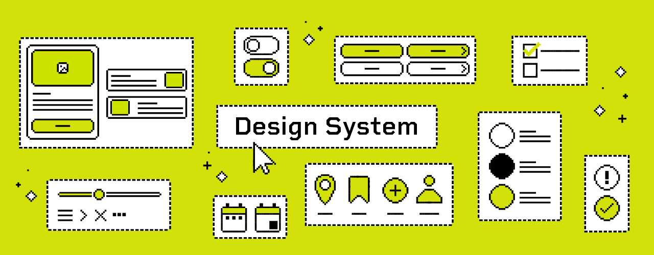 Pikseligrafiikkakuva jossa Design Systemin komponentteja kuvituksena