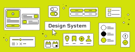Pikseligrafiikkakuva jossa Design Systemin komponentteja kuvituksena