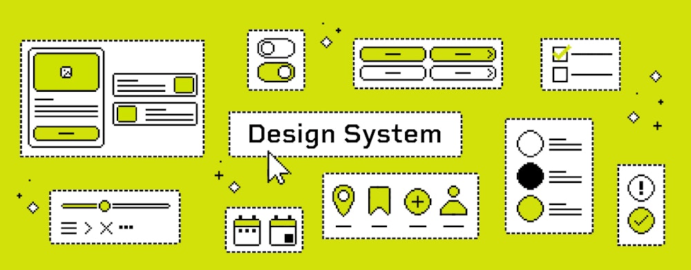 Pikseligrafiikkakuva jossa Design Systemin komponentteja kuvituksena