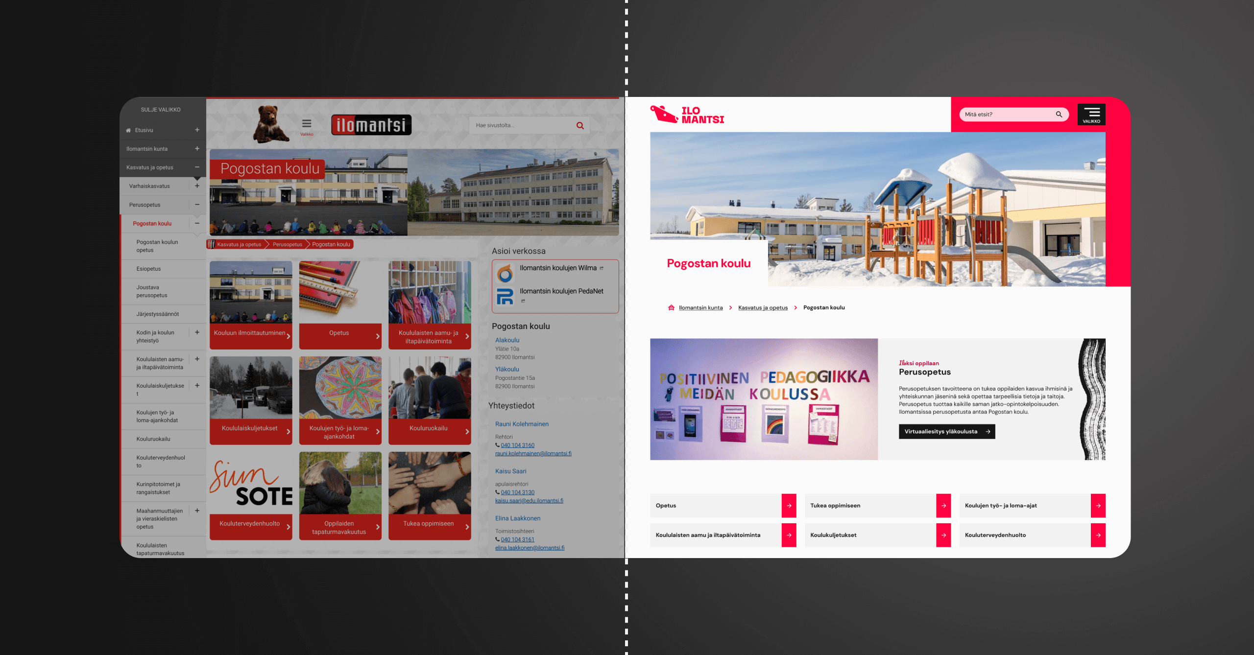Before/After split screen image of the website renewal