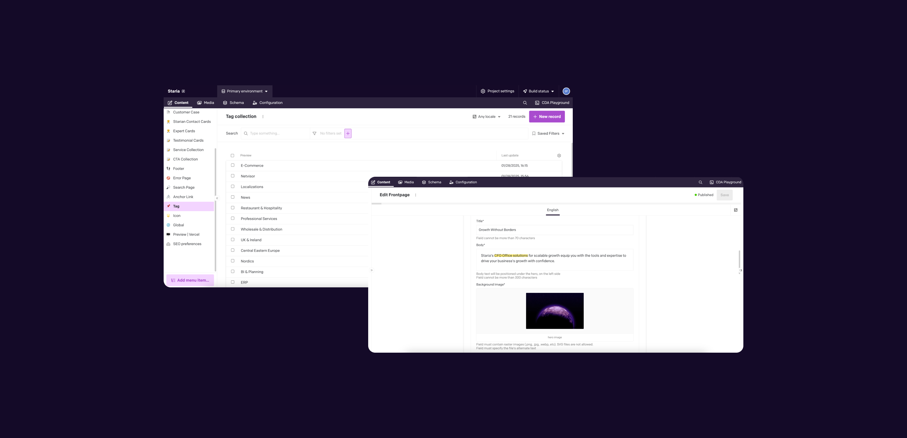 Content editor views on the DatoCMS platform.