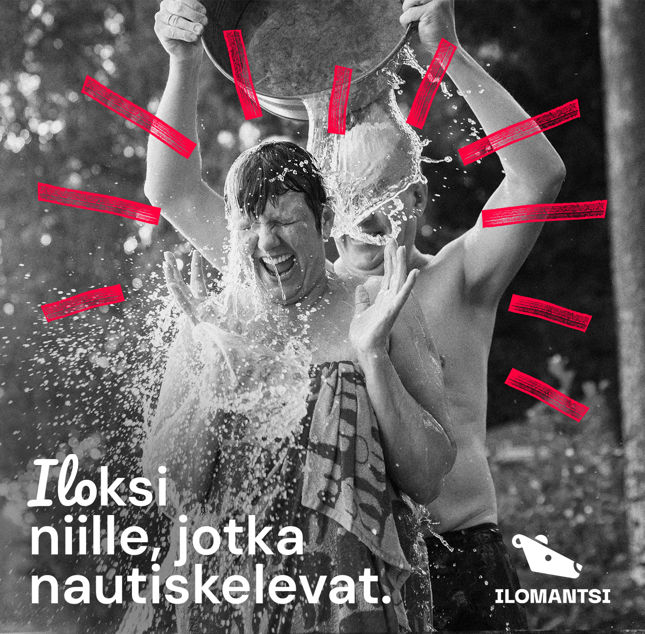 Mainoskuva kahdesta ihmisestä mökkipesulla, jossa uusia brändielementtejä