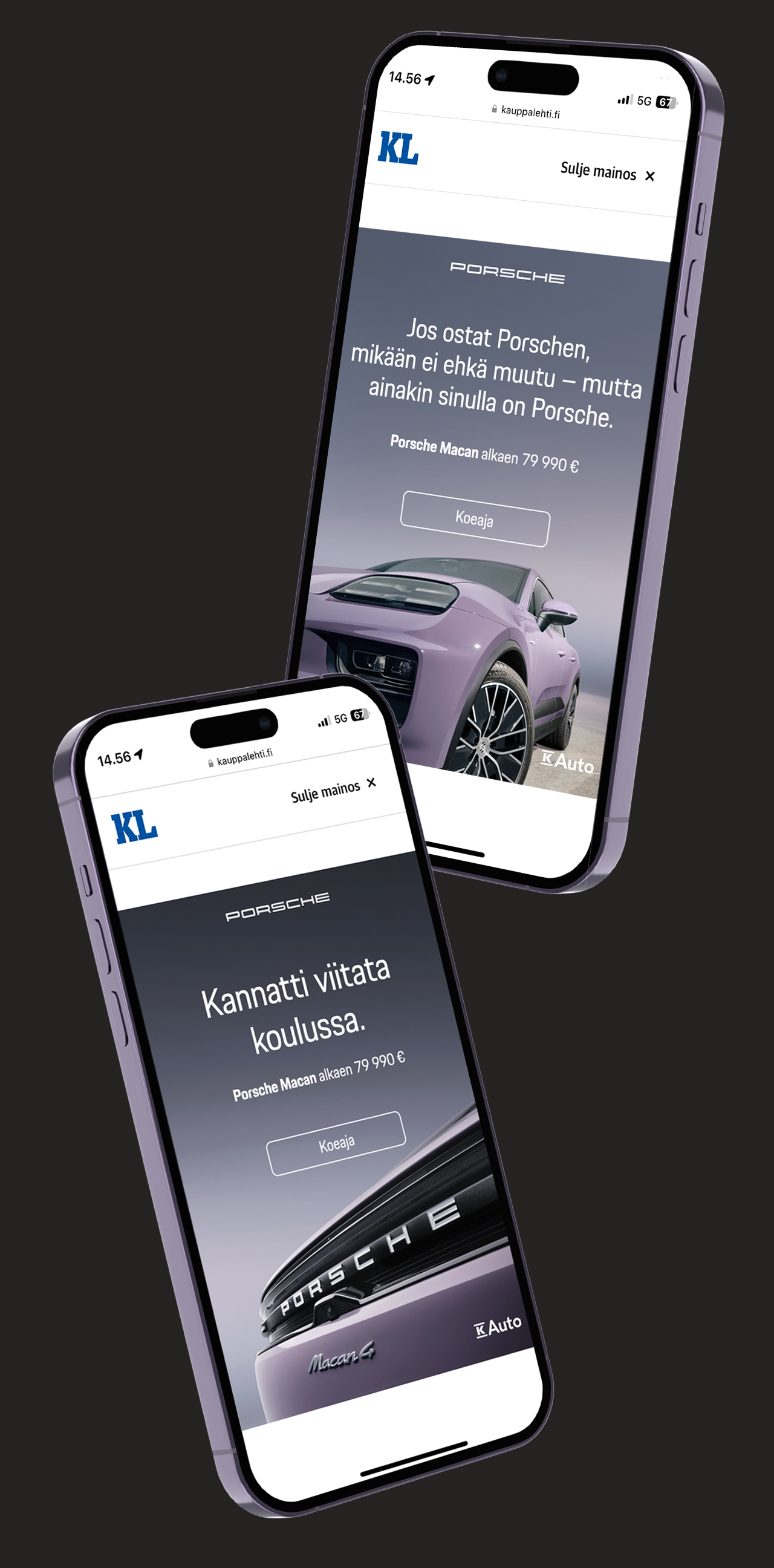Kännykkänäytöillä Porcshe Macan mainoskuvat