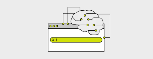 Hakukenttä yhdistettynä piirrettyihin aivoihin
