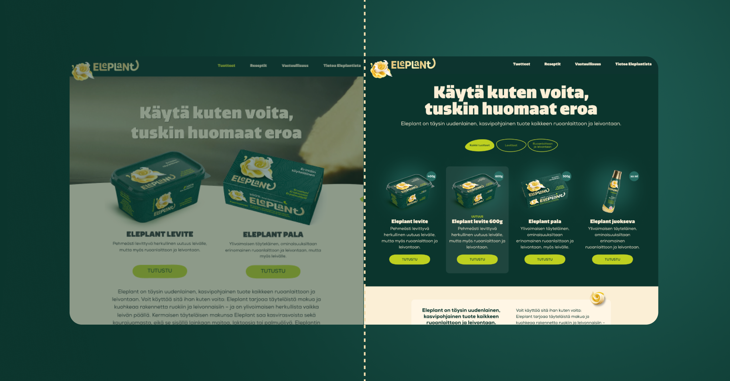 Eleplantin verkkosivu-uudistus ennen-jälkeen