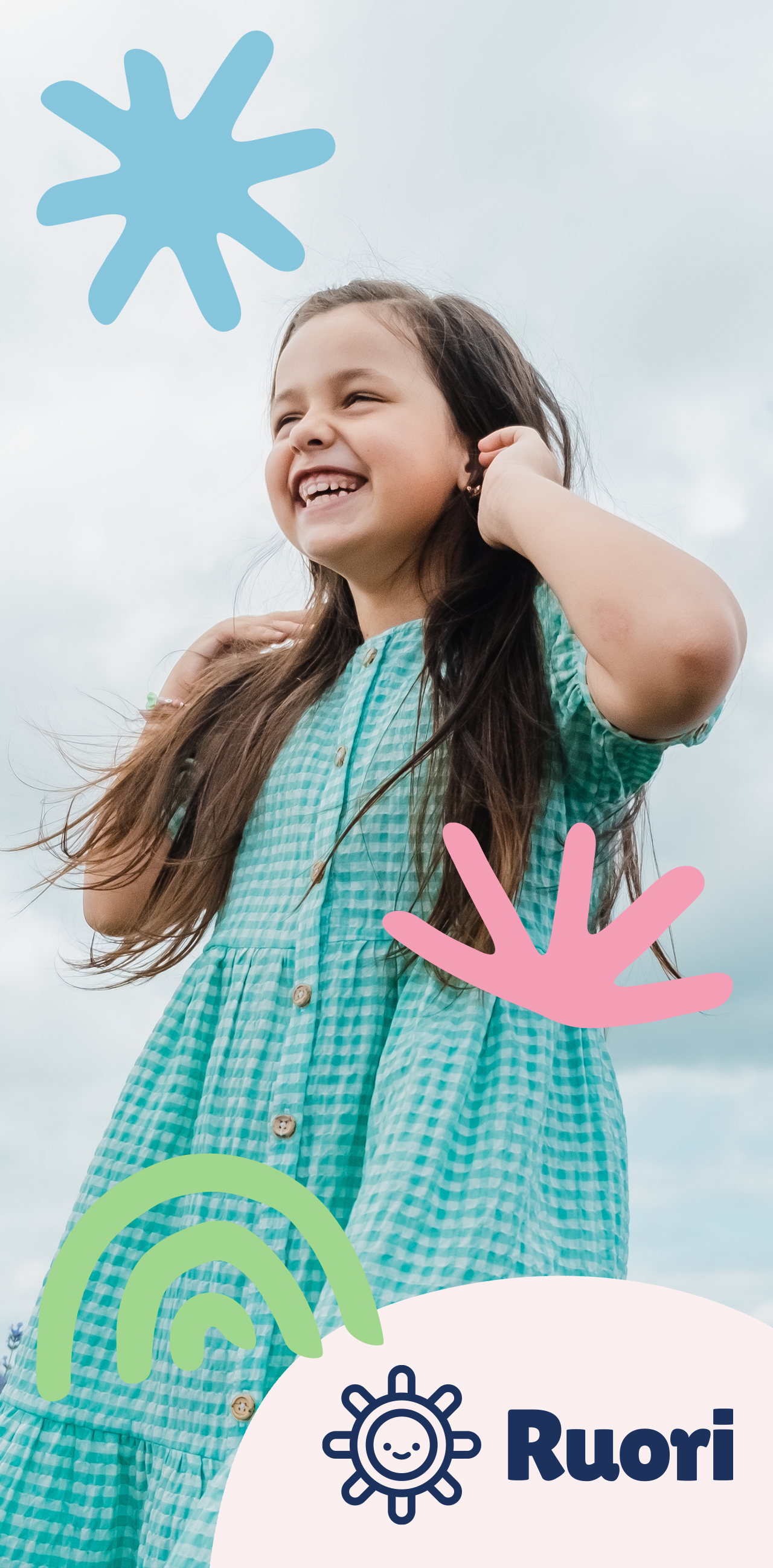 Brändin mukainen mainosaineisto, lapsi jolla turkoosi mekko