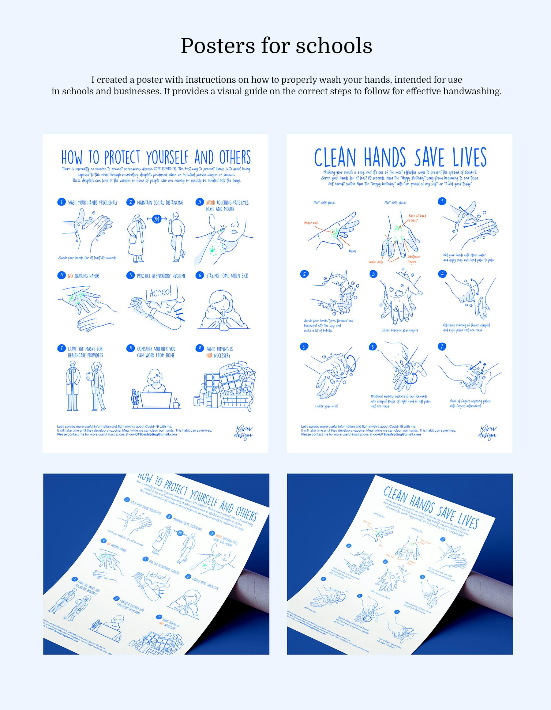 I created a poster with instructions on how to properly wash your hands, intended for use  in schools and businesses. It provides a visual guide on the correct steps to follow for effective handwashing.