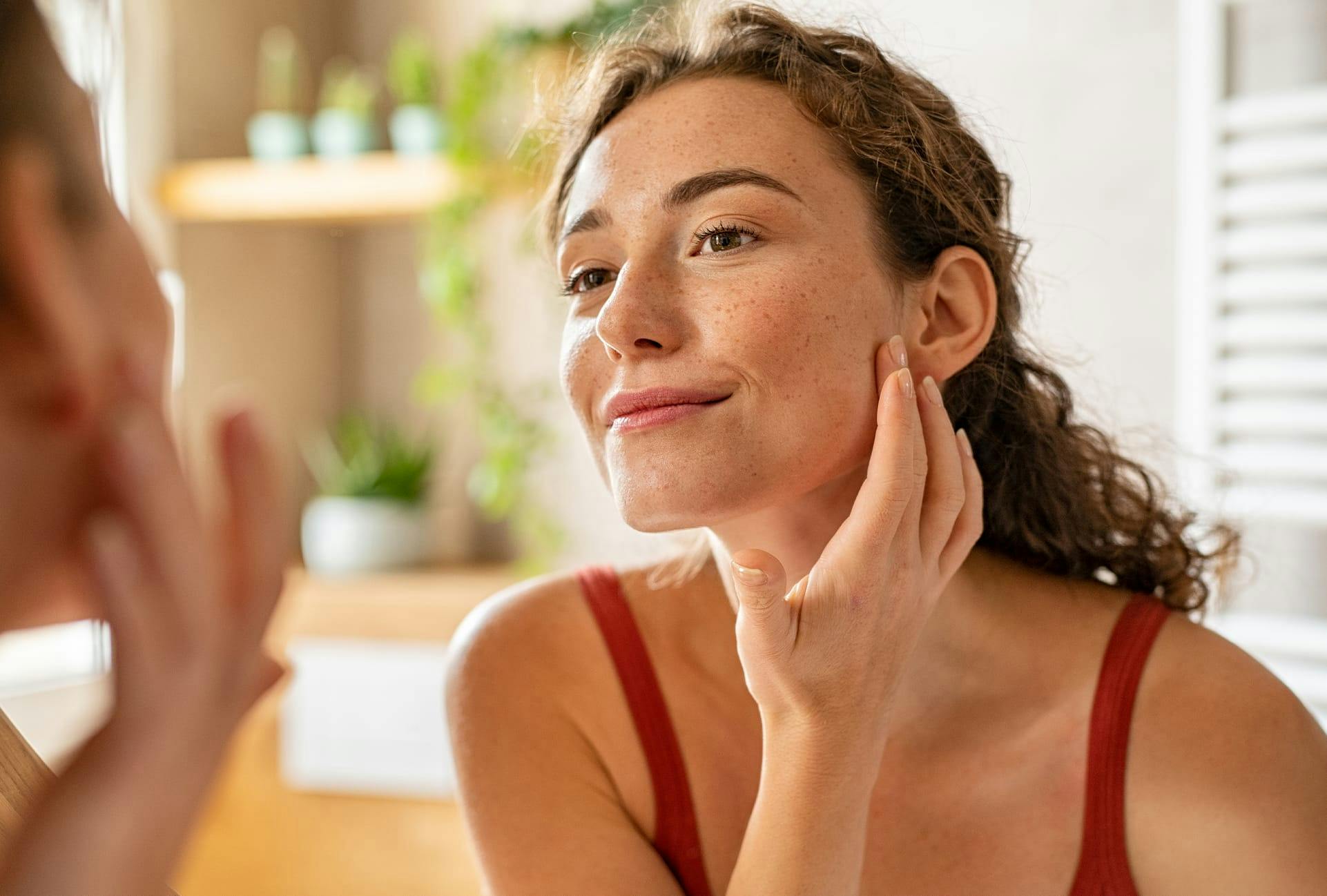 Woman with Freckles Looking at Herself in the Mirror