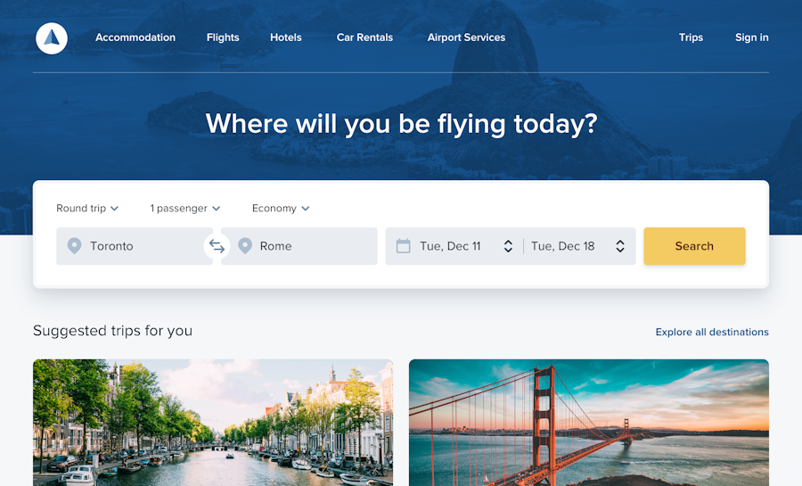 Bild av en hemsida för att boka resor