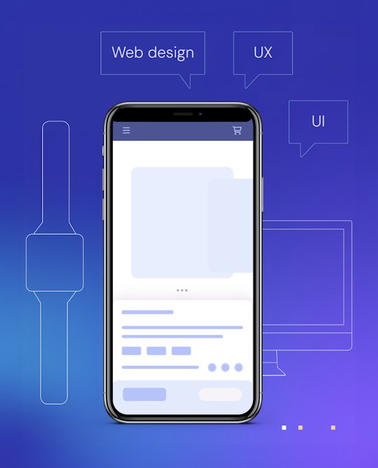 Illustration av en mobil med wireframes i sig. Runt mobilen finns en illustration av en smartklocka, datorskärm samt tre pratbubblor där det står web design, UX och UI i vardera