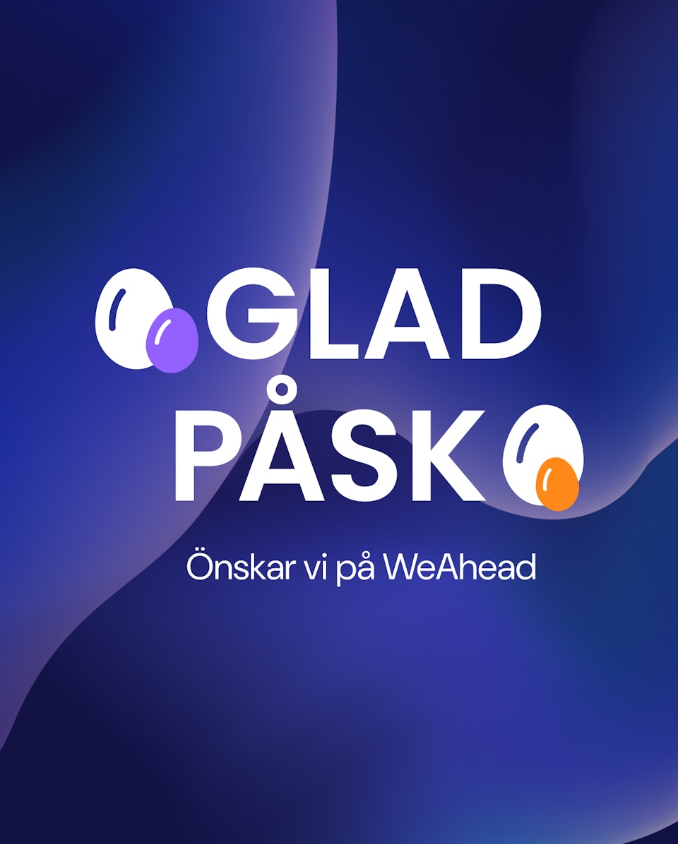 Bild med texten "glad påsk" med två illustrerade ägg på, samt lila bakgrund med dynamiska mönster