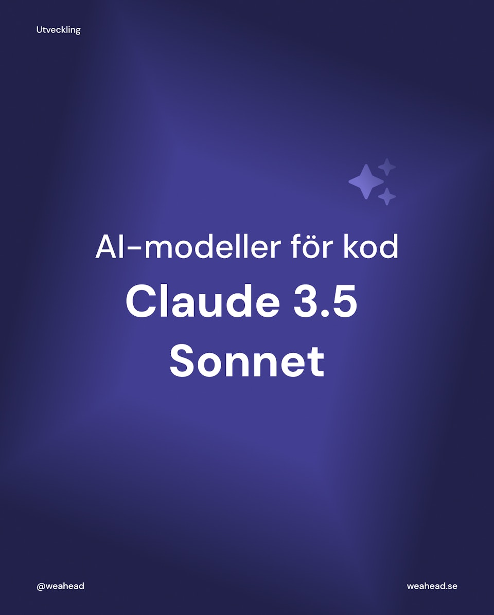 Lila bild med glitter och texten "AI-modeller för kod, Claude 3.5 Sonnet"