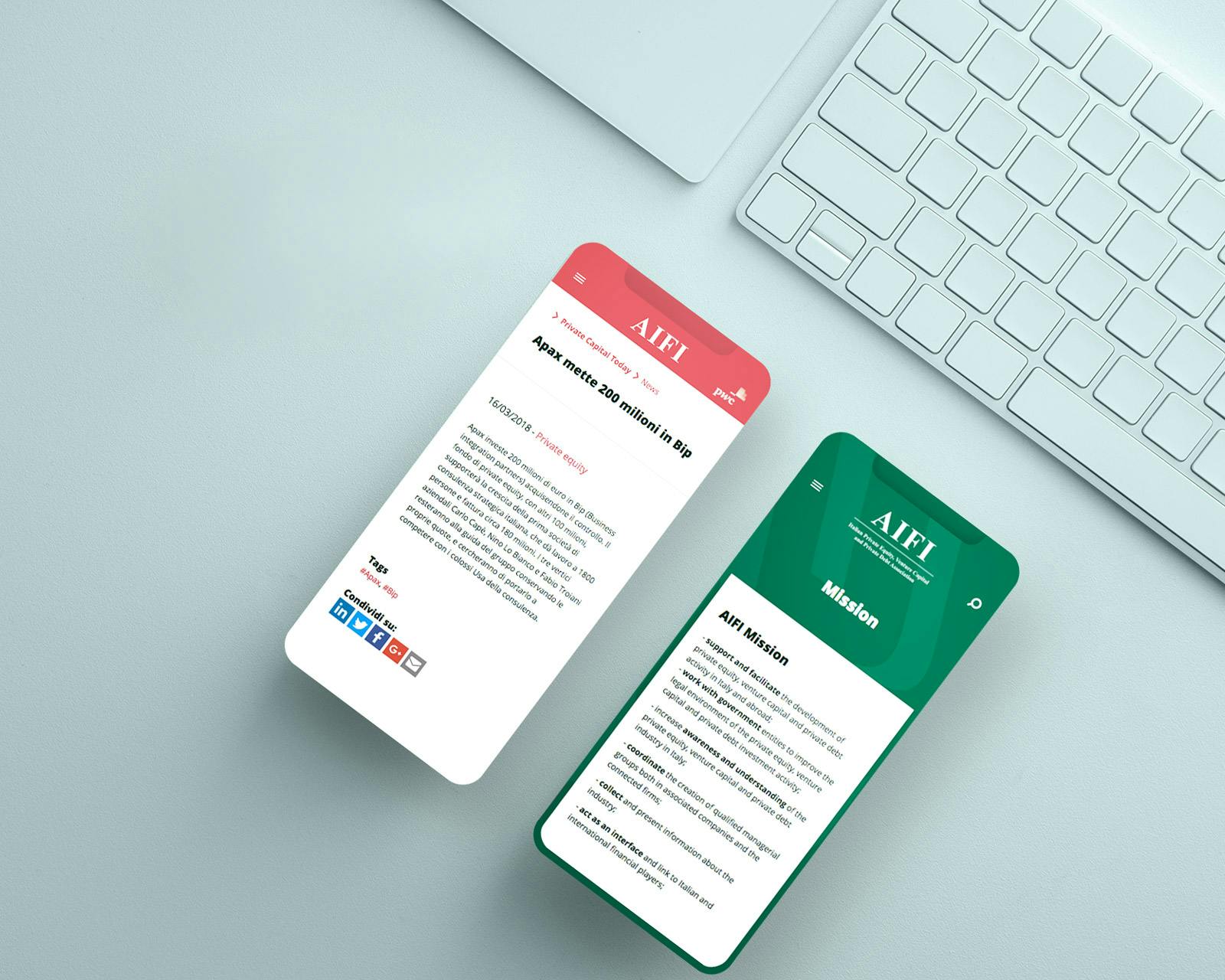 Due smartphone appoggiati su una scrivania mostrano schermate diverse: uno con un'interfaccia bianca e dettagli rossi sulla sinistra, e uno con un'interfaccia verde sulla destra, accompagnati da una tastiera bianca nelle vicinanze.