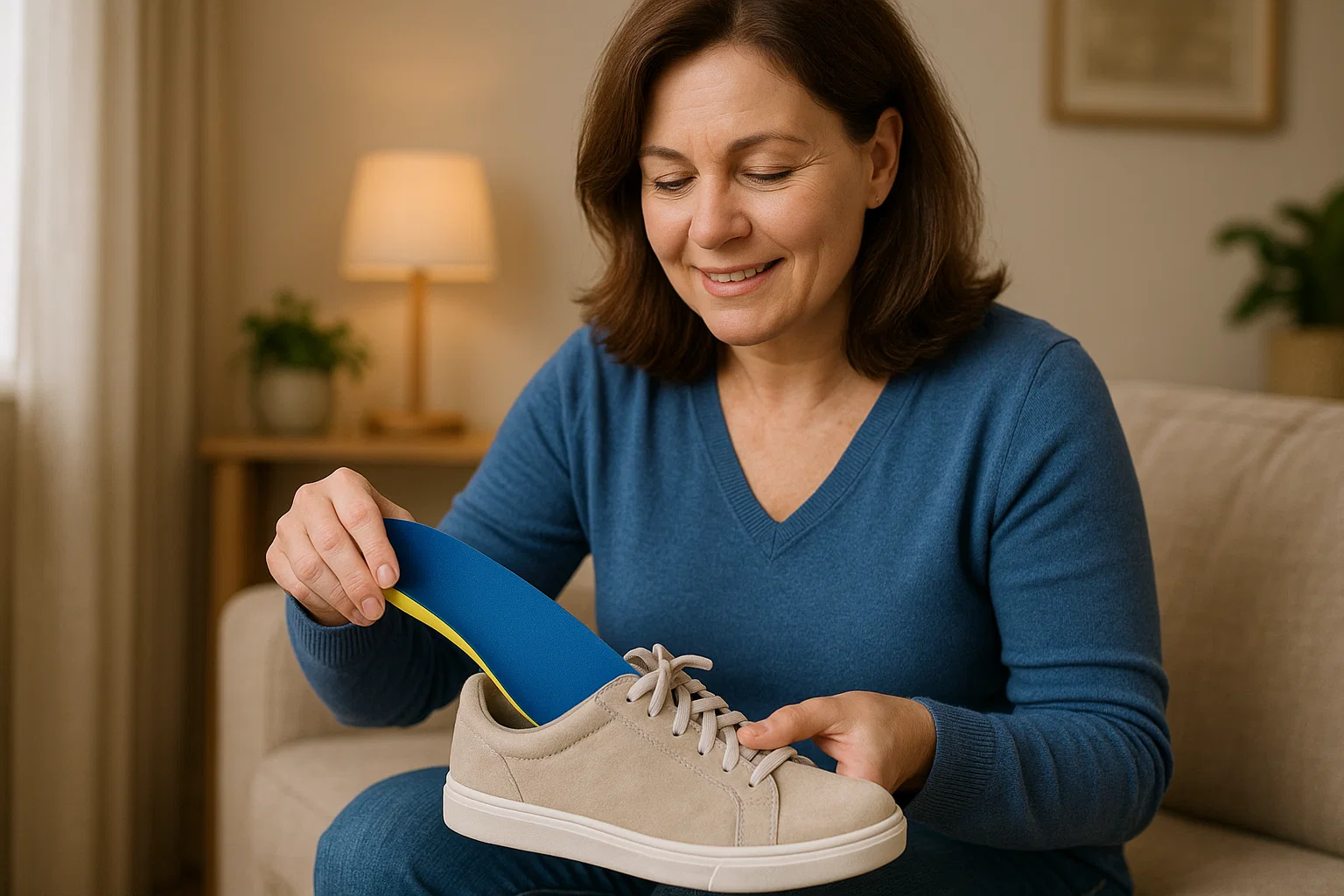 Vrouw in blauwe trui steekt een blauwe steunzool in een beige sneaker, focus op vergoeding steunzolen.