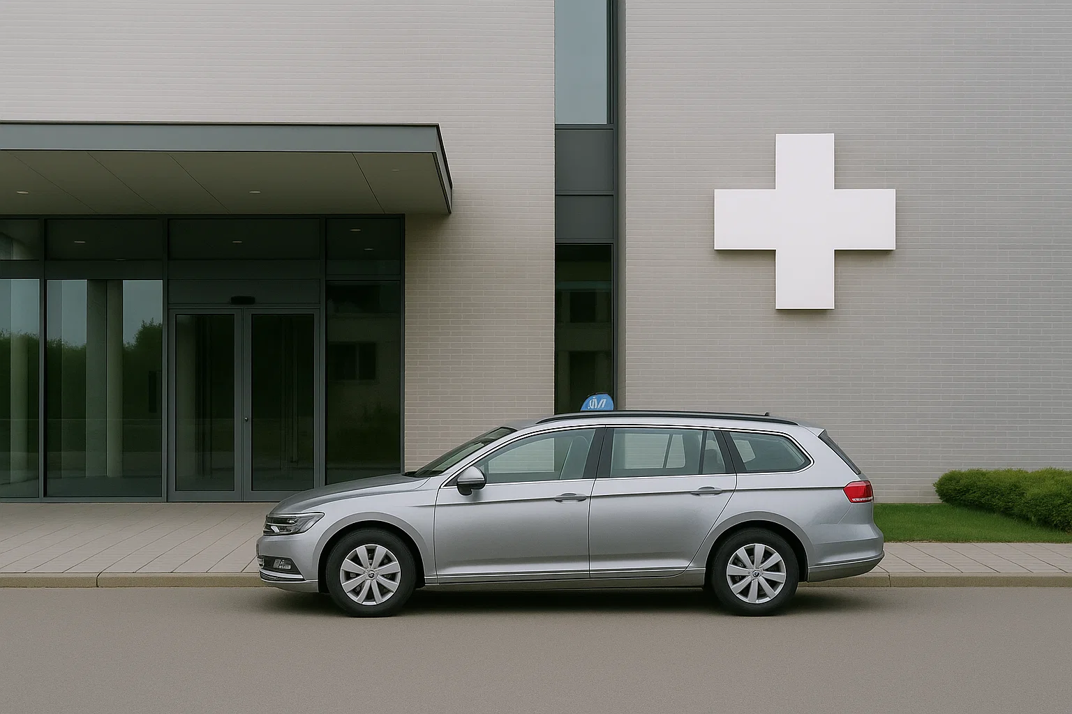 Taxi voor de ingang van een ziekenhuis met groot medisch kruis, taxivervoer via basisverzekering of aanvullende verzekering.