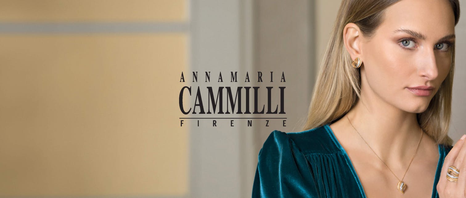 A model wearing Annamaria Cammilli's jewels next to the brand's logo.