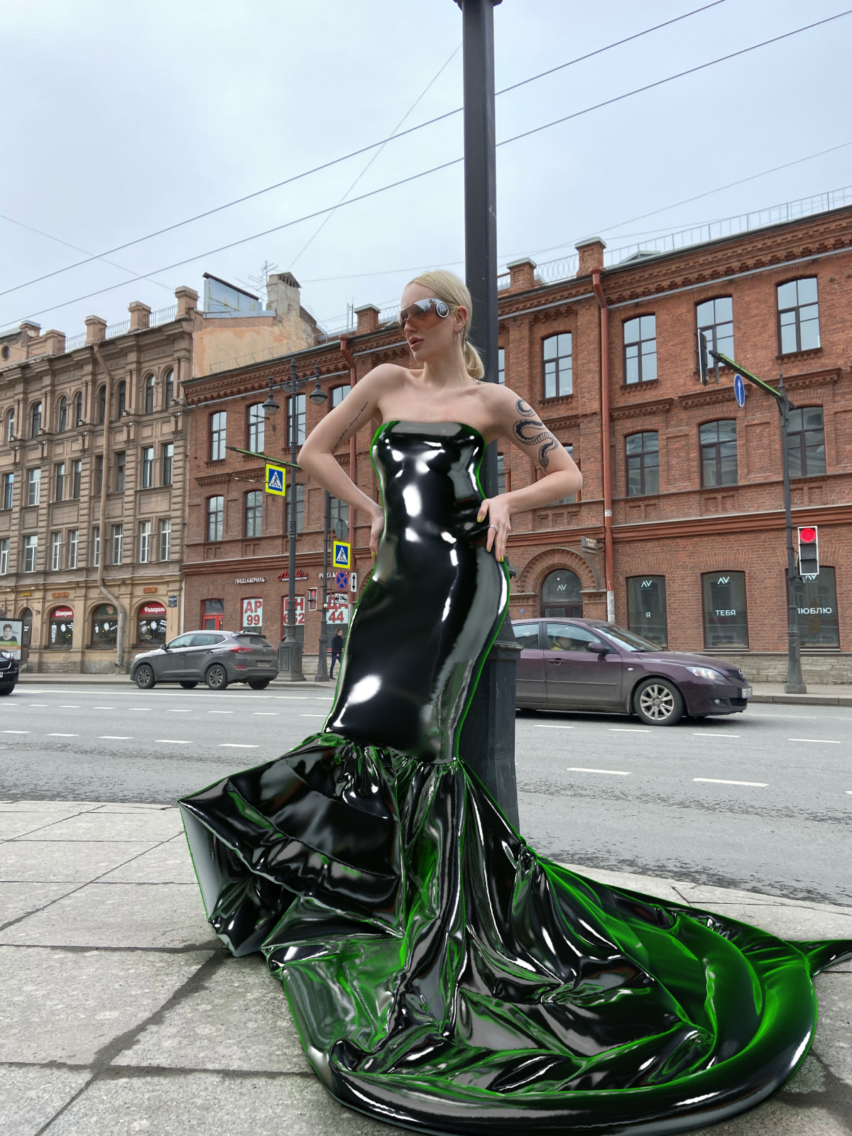 Stylist | Стилист wearing contactless & cyber SIREK crafted using Tribute Brand Premium Fitting Service™. Futuristic fashion examples of 3D fashion design created in CLO 3D available to dress as photo fitting and AR skins.