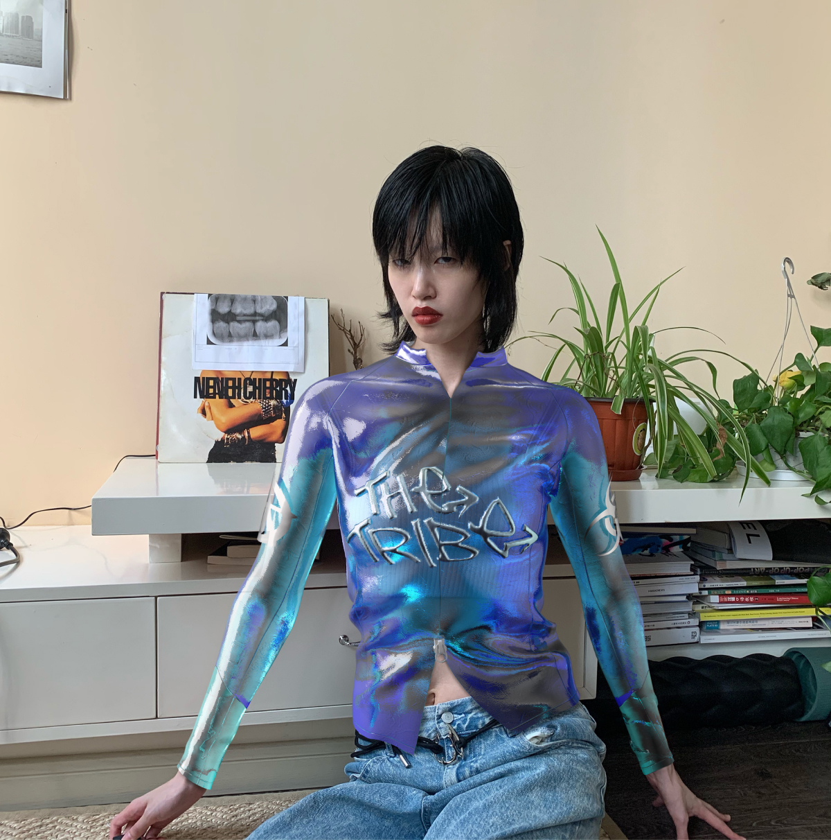 Aihui wearing contactless & cyber MICA crafted using Tribute Brand Premium Fitting Service™. Futuristic fashion examples of 3D fashion design created in CLO 3D available to dress as photo fitting and AR skins.