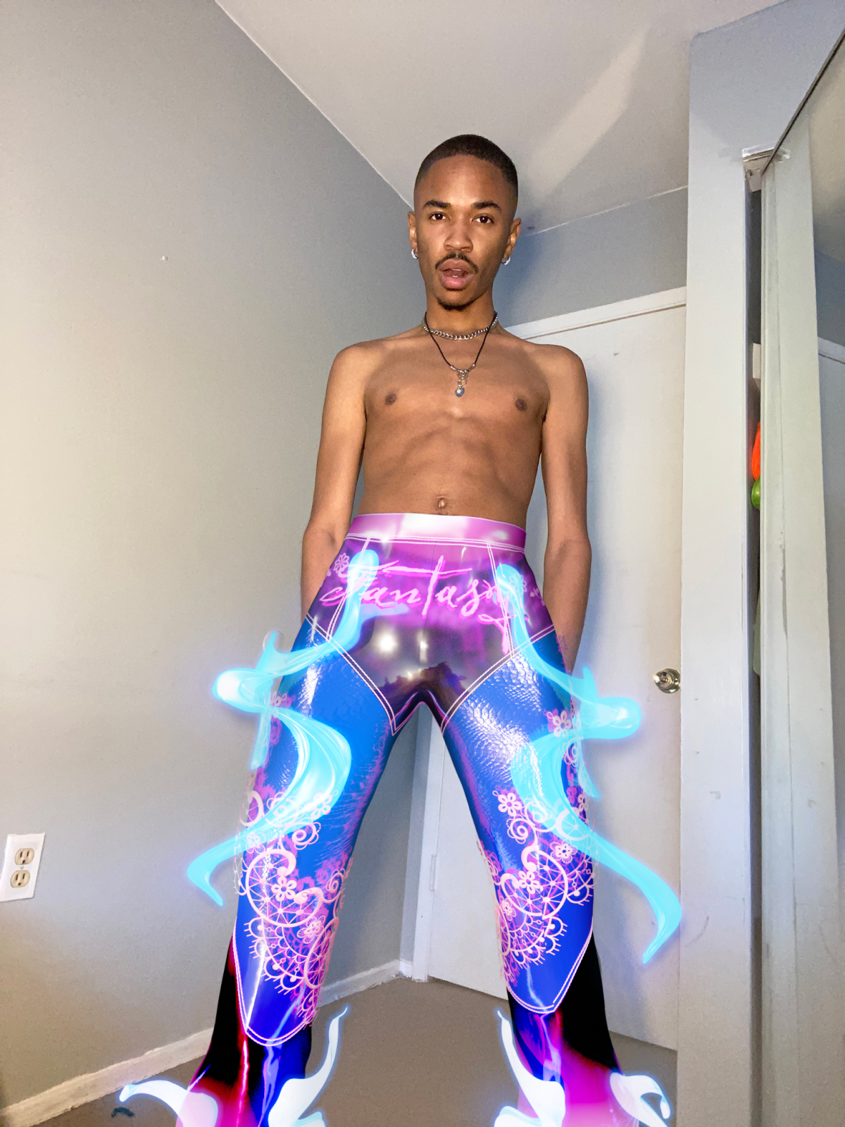 Cliff wearing contactless & cyber SRNA crafted using Tribute Brand Premium Fitting Service™. Futuristic fashion examples of 3D fashion design created in CLO 3D available to dress as photo fitting and AR skins