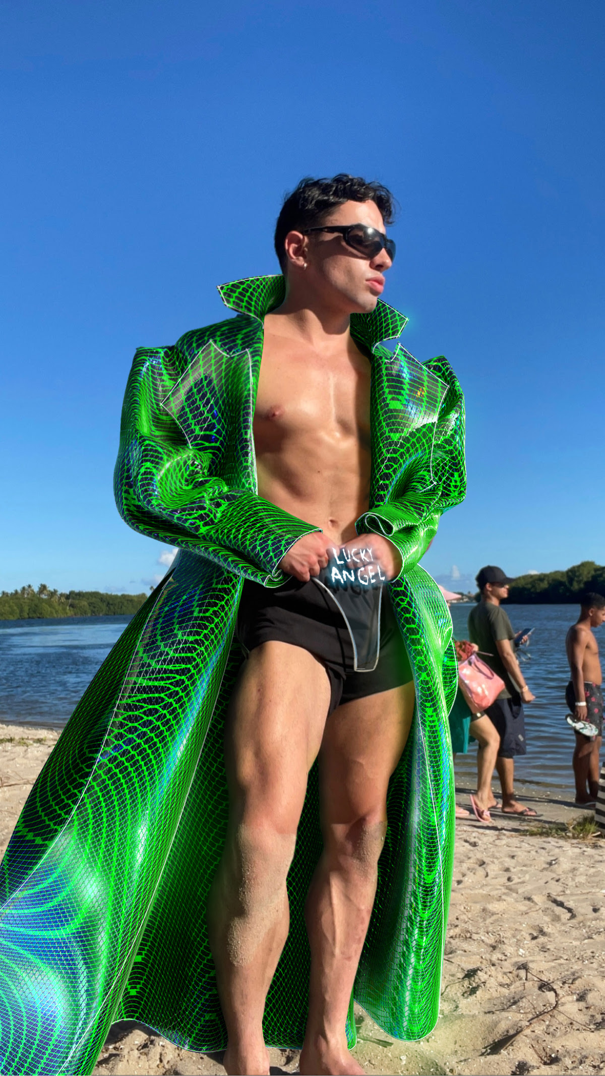 Jean-Louis wearing contactless & cyber LUCKY ANGEL crafted using Tribute Brand Premium Fitting Service™.  Futuristic fashion examples of 3D fashion design created in CLO 3D available to dress as photo fitting and AR skins