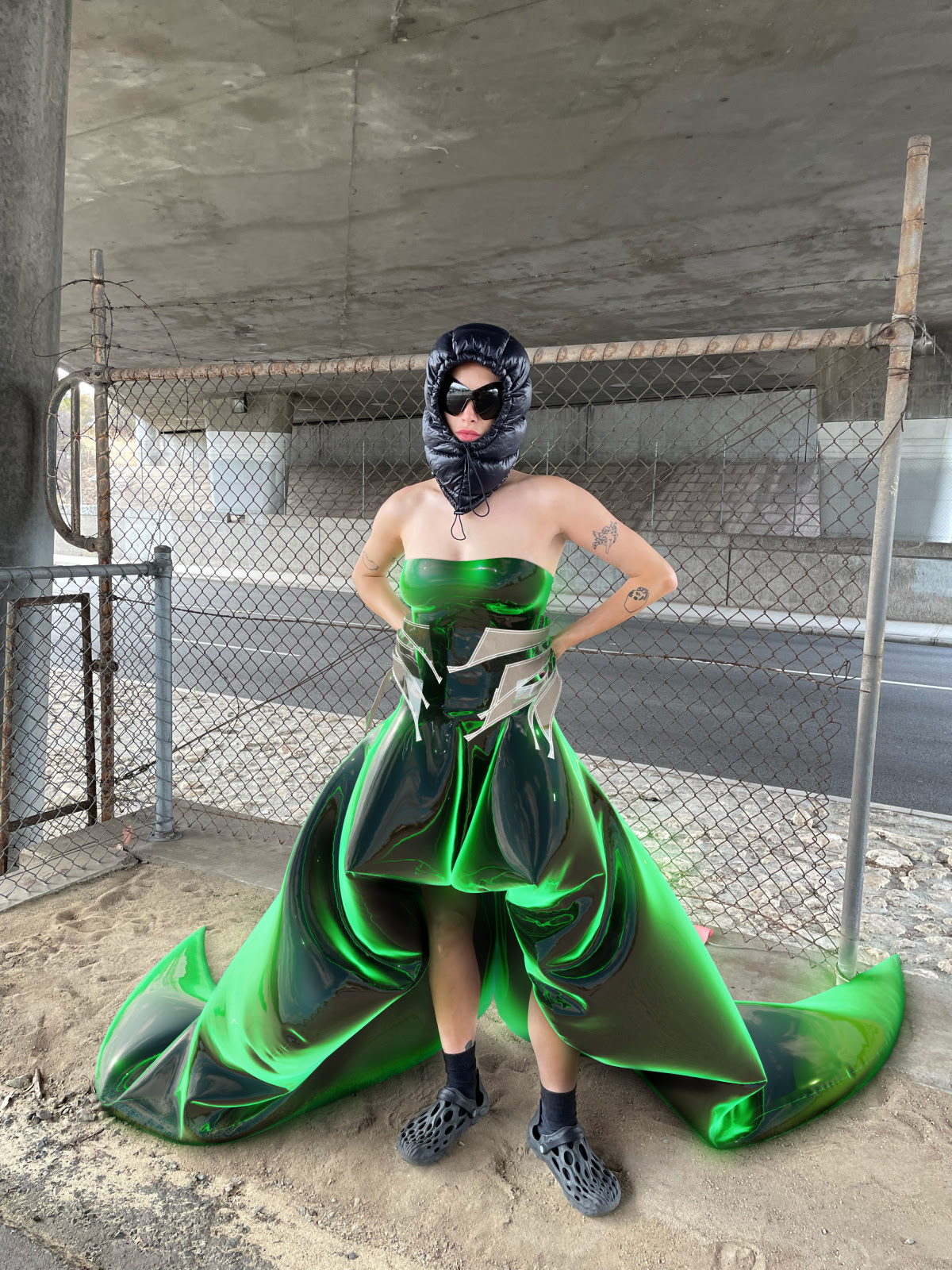 Mrs. Sauce wearing contactless & cyber BUBA crafted using Tribute Brand Premium Fitting Service™.  Futuristic fashion examples of 3D fashion design created in CLO 3D available to dress as photo fitting and AR skins
