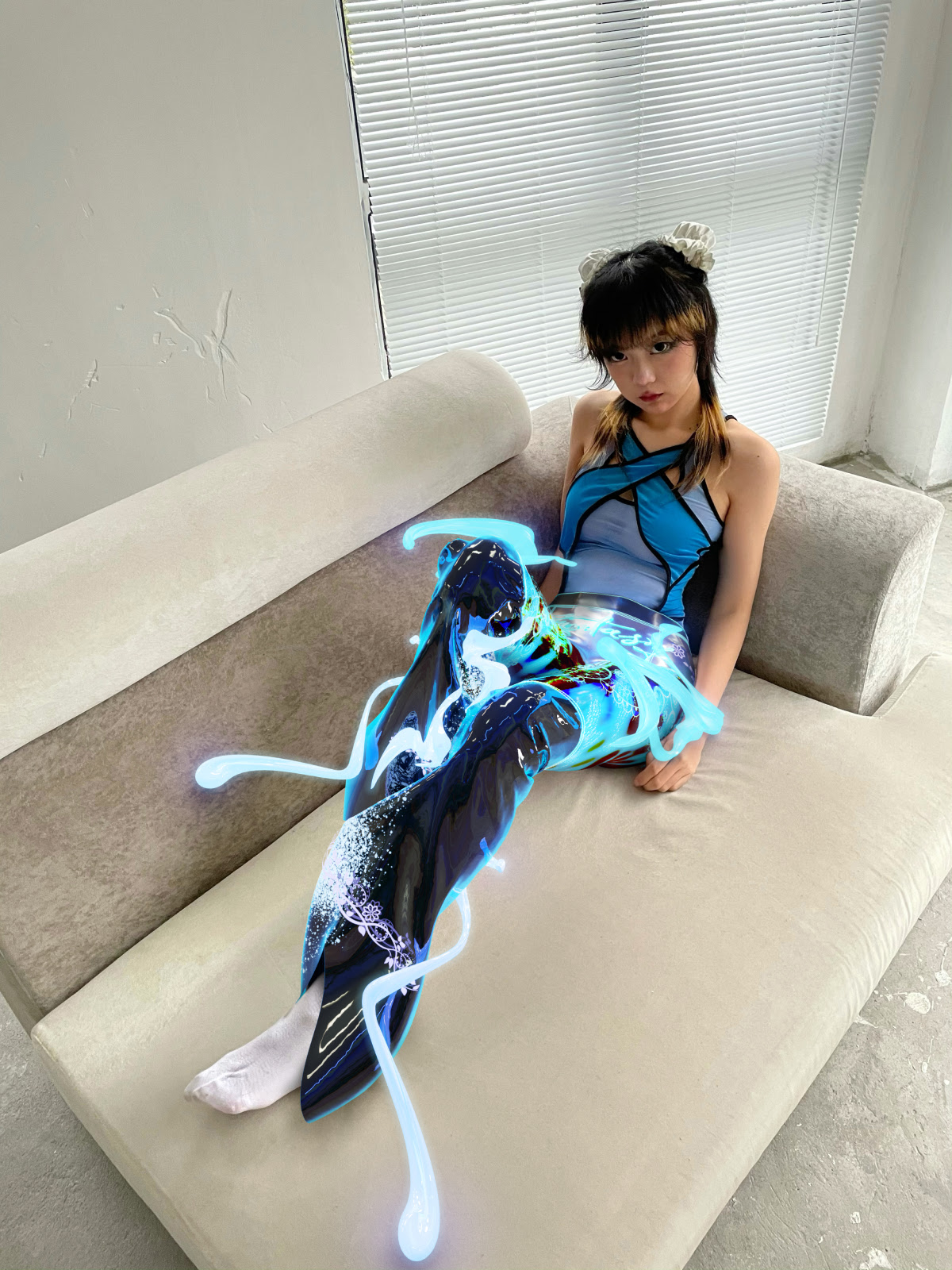 善良 Shanliang wearing contactless & cyber SRNA crafted using Tribute Brand Premium Fitting Service™.  Futuristic fashion examples of 3D fashion design created in CLO 3D available to dress as photo fitting and AR skins