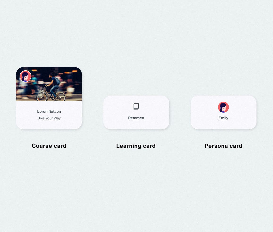 Card Components showing a course card, learning card and a persona card.