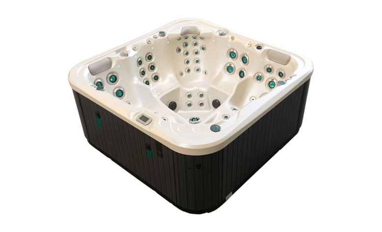 Angled view of the Cobalt HP spa pool in gypsum shell colour and grey cabinet