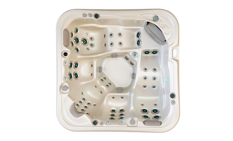 Angled view of the Cobalt HP spa pool in gypsum shell colour and grey cabinet