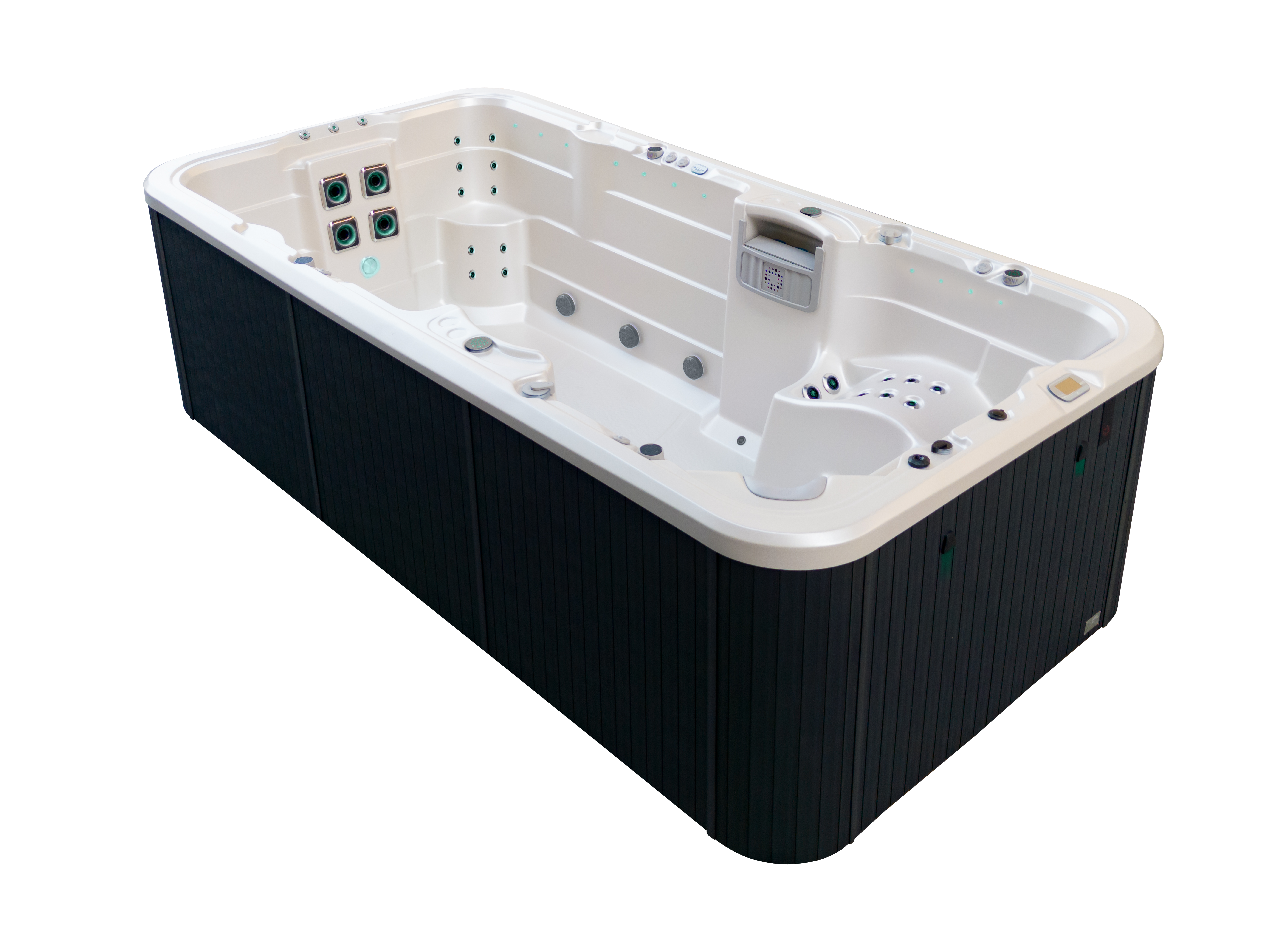 Angled view of the Vortex Aquagym Max swim spa