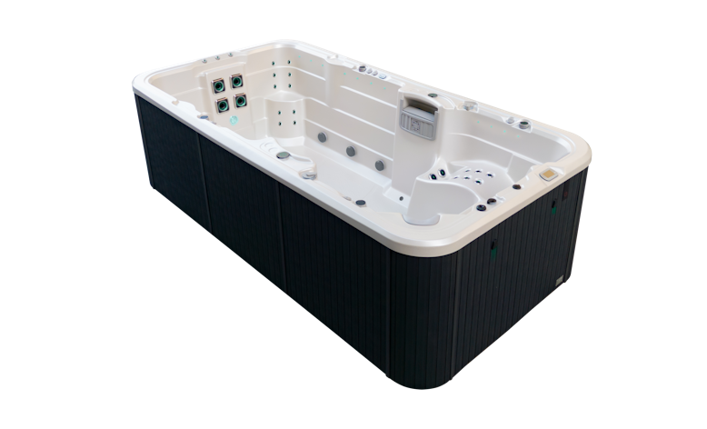 Angled view of the Vortex Aquagym Max swim spa