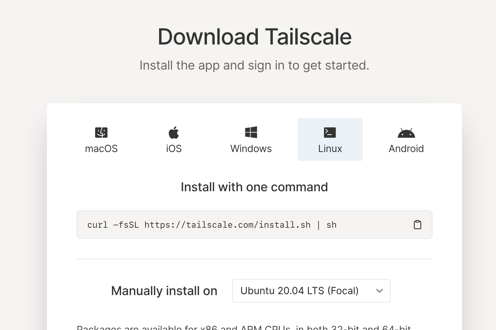 A screenshot of the download page on tailscale.com