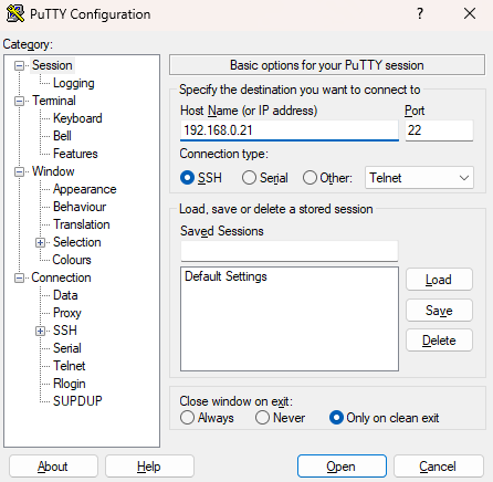 PuTTY connection screen