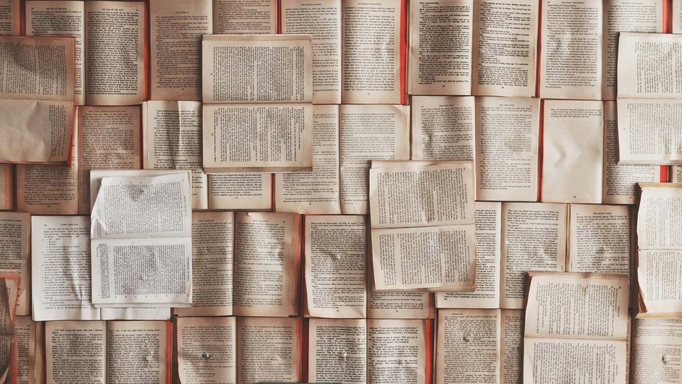 Foto di tanti libri aperti a formare una sorta di muro