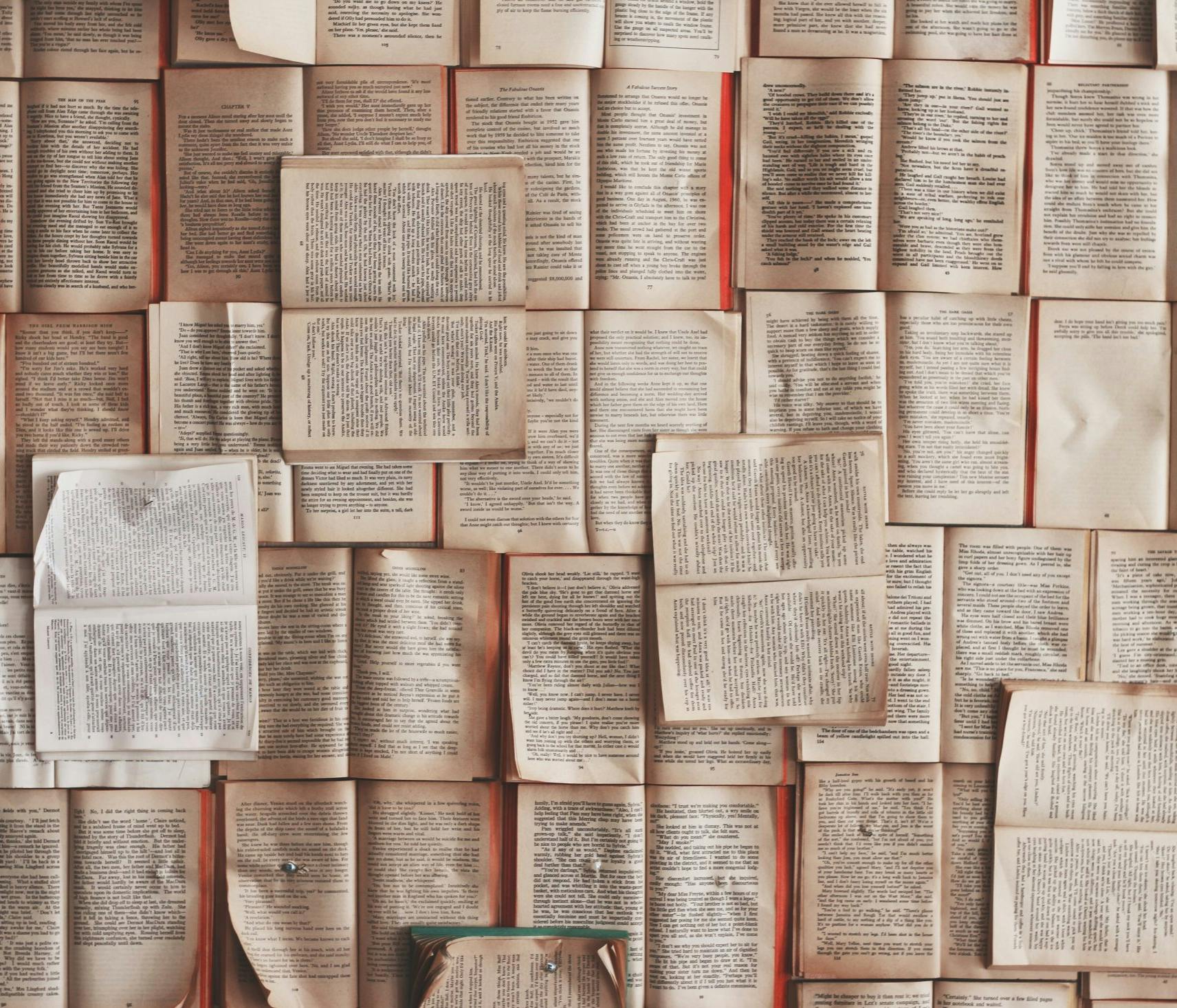 Foto di tanti libri aperti a formare una sorta di muro
