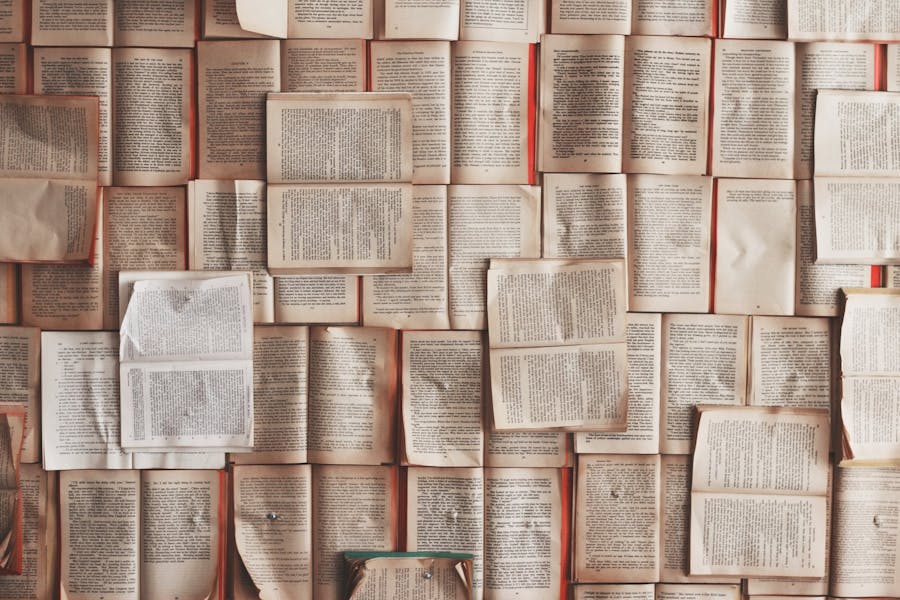 Picture of many open books forming a kind of wall.