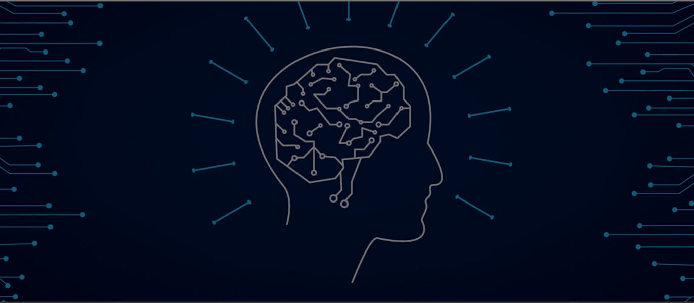 Stylized image of a person standing in profile and his or her brain, represented through a series of interconnected lines and dots giving the idea of a set of connected networks.